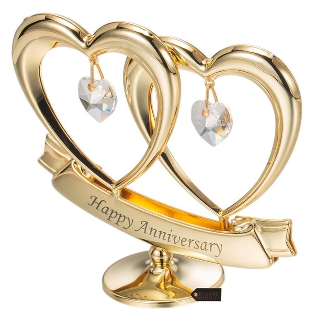 Elegant Happy Anniversary Crystal Studded Heart Ornament Gold Decor Piece