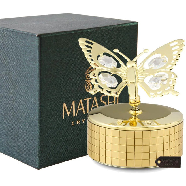 Luxury Butterfly Music Box Figurine with Crystal Studded Gold Finish