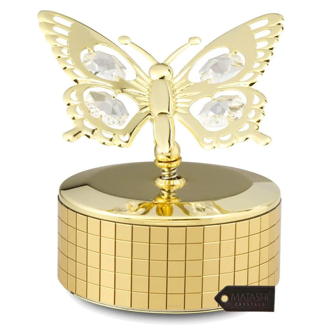 Luxury Butterfly Music Box Figurine with Crystal Studded Gold Finish
