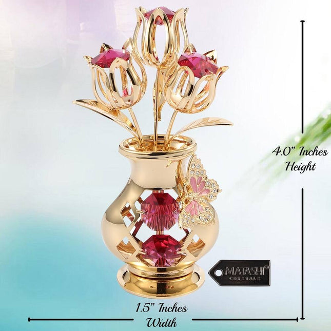 24K Gold Plated Crystal Flower Showpiece with Vase and Butterfly Red