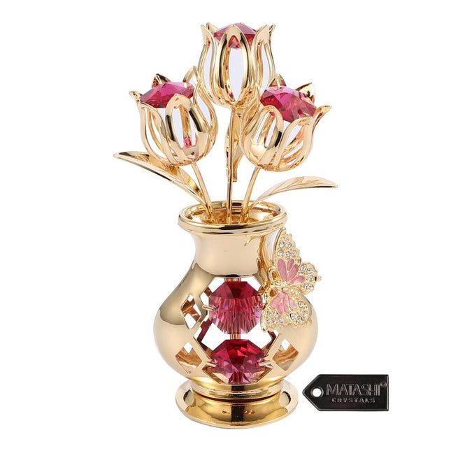 24K Gold Plated Crystal Flower Showpiece with Vase and Butterfly Red