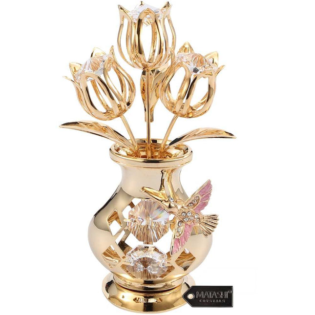 24K Gold Plated Crystal Flower Vase Showpiece with Hummingbird Clear Crystal Decor