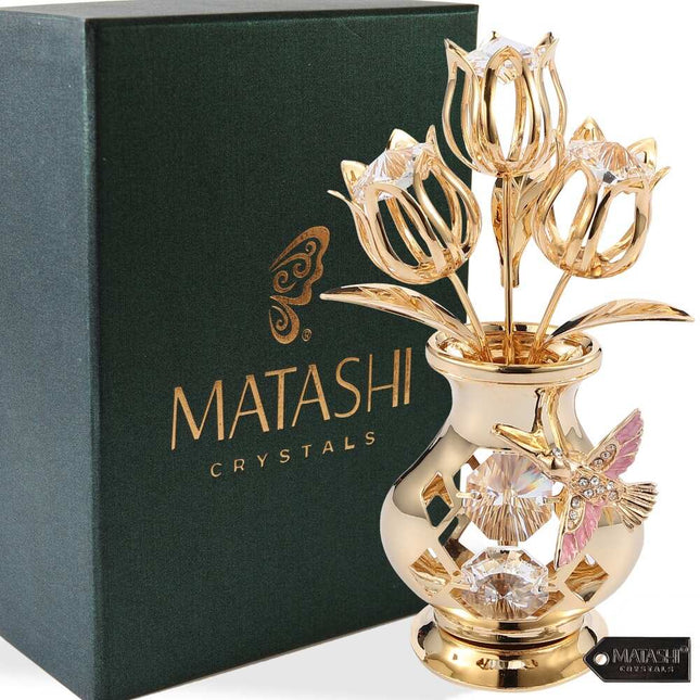 24K Gold Plated Crystal Flower Vase Showpiece with Hummingbird Clear Crystal Decor