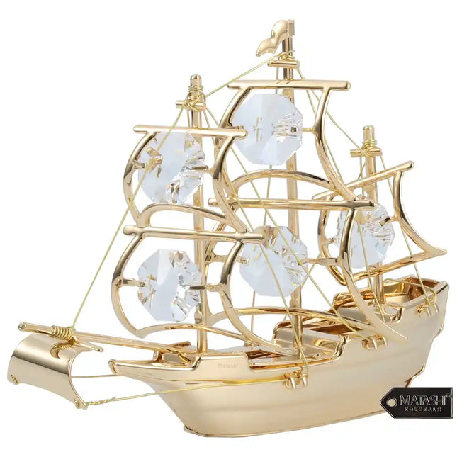 24K Gold Plated Mayflower Sailing Ship Crystal Studded Tabletop Ornament