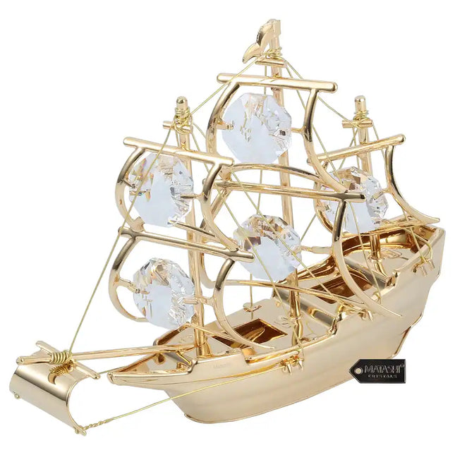 24K Gold Plated Mayflower Sailing Ship Crystal Studded Tabletop Ornament