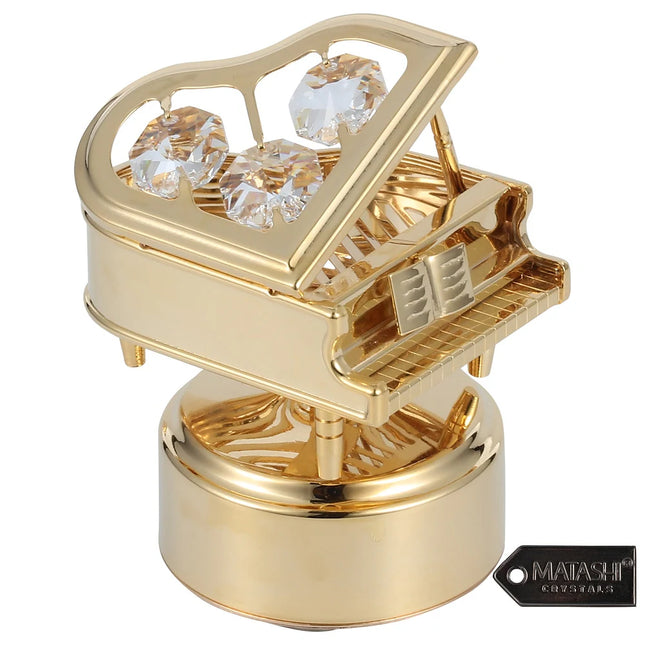 Luxury Wind Up Music Box Piano Figurine with Crystal Home Decor Ornament