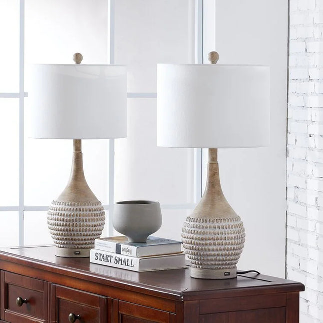 Set of 2 Brown Table Lamps – 24.75", Includes USB Charging Port