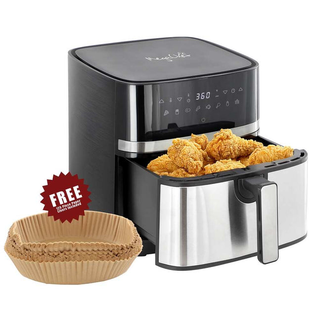 8.5 Quart Air Fryer Bundle Black Stainless Steel Includes 125 Paper Liners Set