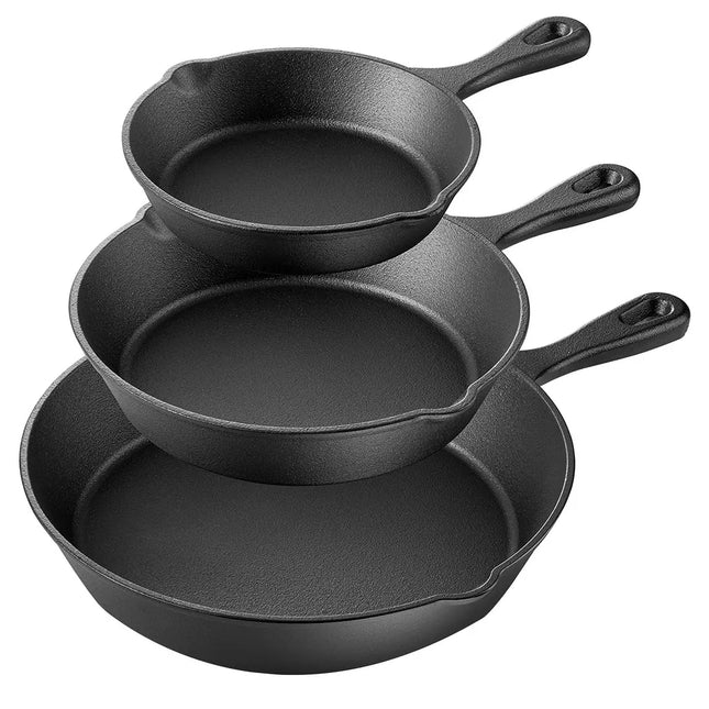 3 Piece Cast Iron Skillet Set Pre Seasoned Cooking Frying Pan Set