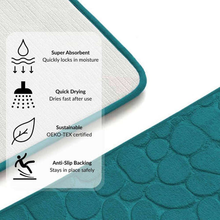Peacock Blue Pebble Design Memory Foam Bath Mat 32x20 Inch Soft Absorbent Rug