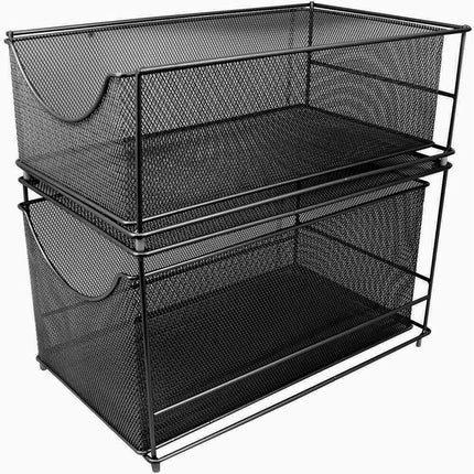 Mesh Steel Cabinet Organizer Set with 2 Pull Out Drawers – Black Storage Rack