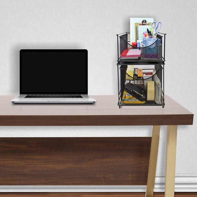 Mesh Steel Cabinet Organizer Set with 2 Pull Out Drawers – Black Storage Rack