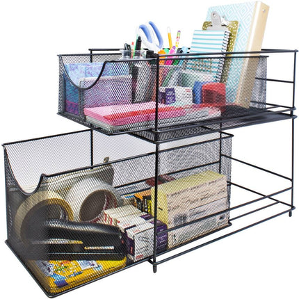 Mesh Steel Cabinet Organizer Set with 2 Pull Out Drawers – Black Storage Rack