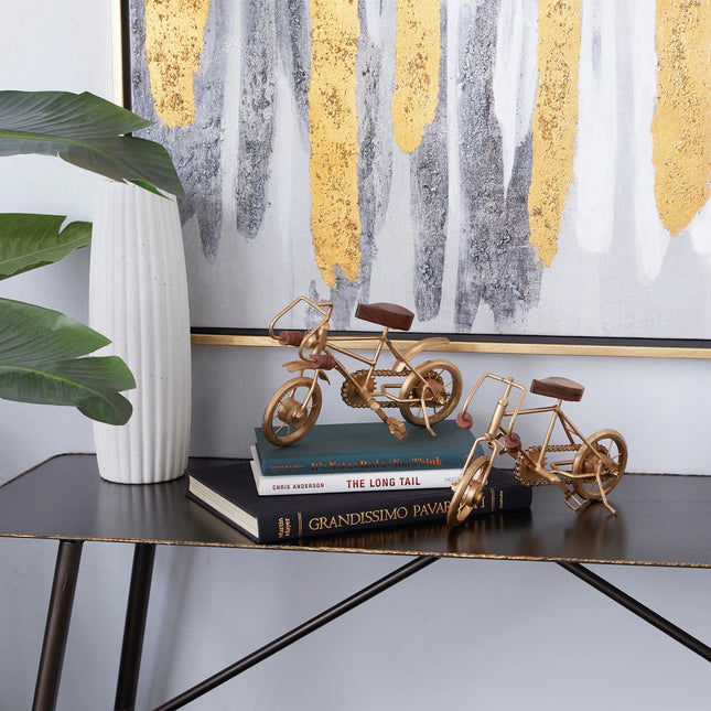 Decorative Gold Metal Bike Sculpture Set of 2 with Natural Wood Accents