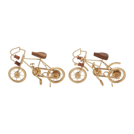 Decorative Gold Metal Bike Sculpture Set of 2 with Natural Wood Accents