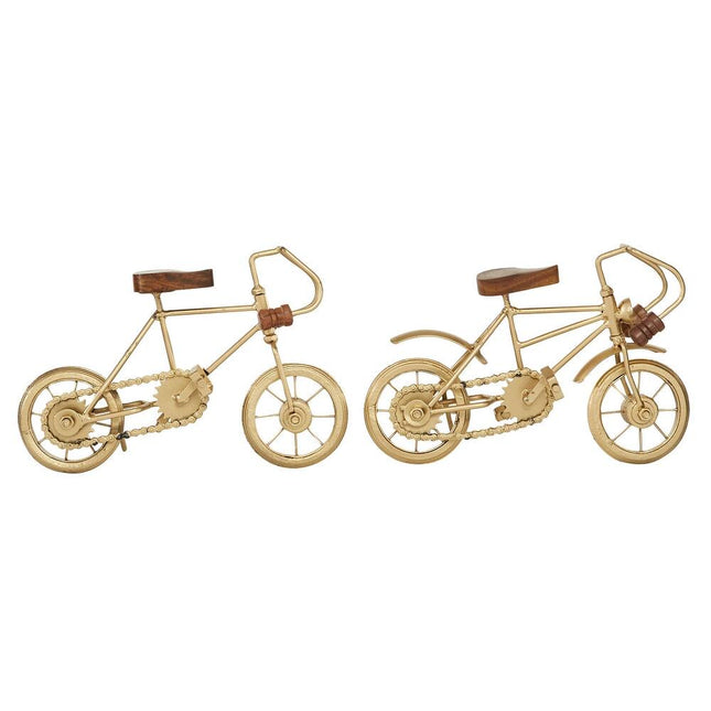 Decorative Gold Metal Bike Sculpture Set of 2 with Natural Wood Accents