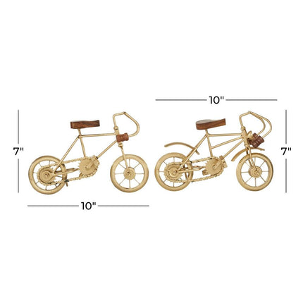 Decorative Gold Metal Bike Sculpture Set of 2 with Natural Wood Accents