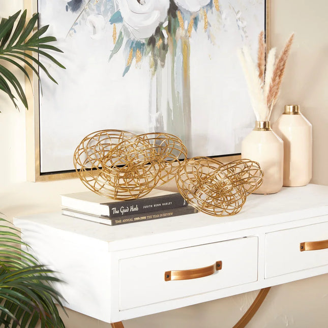 Metal Wire Chain Sculpture Set of 2 Gold Finish Modern Home Decor Accent