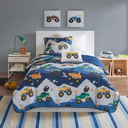 Nash Monster Truck Reversible Quilt Set with Throw Pillow – Kids Bedding