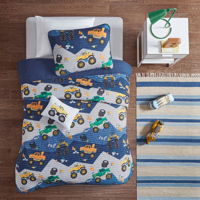 Nash Monster Truck Reversible Quilt Set with Throw Pillow – Kids Bedding