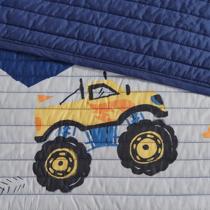 Nash Monster Truck Reversible Quilt Set with Throw Pillow – Kids Bedding