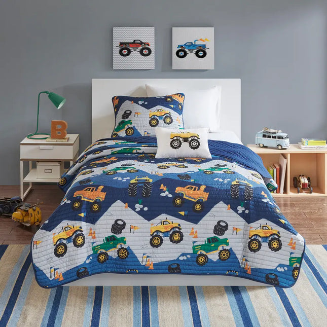 Nash Monster Truck Reversible Quilt Set with Throw Pillow Kids Bedding Set
