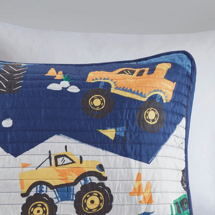 Nash Monster Truck Reversible Quilt Set with Throw Pillow – Kids Bedding