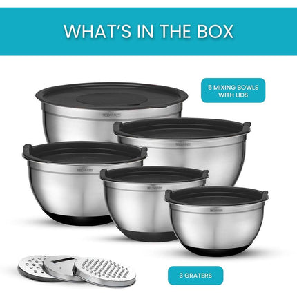 5 Piece Stainless Steel Mixing Bowl Set Lids Graters Non Slip Base Black