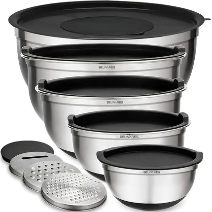5 Piece Stainless Steel Mixing Bowl Set Lids Graters Non Slip Base Black