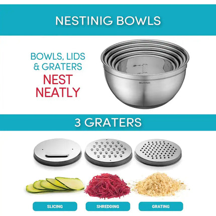 5 Piece Stainless Steel Mixing Bowl Set Lids Graters Non Slip Base Black