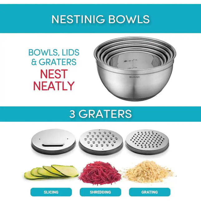 5 Piece Stainless Steel Mixing Bowl Set Lids Graters Non Slip Base Black
