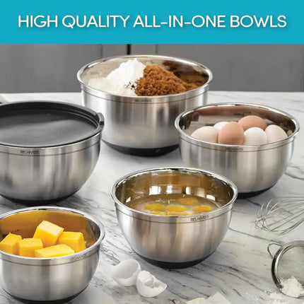 5 Piece Stainless Steel Mixing Bowl Set Lids Graters Non Slip Base Black