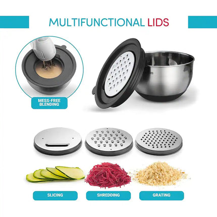 5 Piece Stainless Steel Mixing Bowl Set Lids Graters Non Slip Base Black