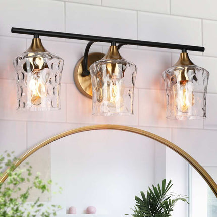Modern Black Gold 3-Light Bathroom Vanity Wall Sconce with Hammered Glass Shades