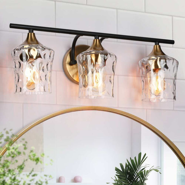 Modern Black Gold 3-Light Bathroom Vanity Wall Sconce with Hammered Glass Shades