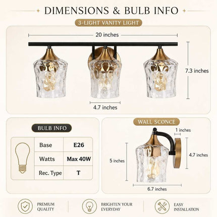 Modern Black Gold 3-Light Bathroom Vanity Wall Sconce with Hammered Glass Shades