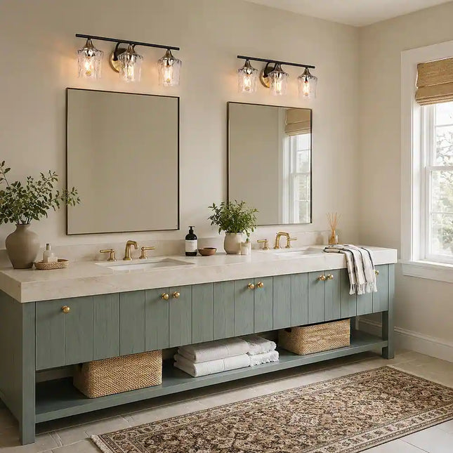 Modern Black Gold 3-Light Bathroom Vanity Wall Sconce with Hammered Glass Shades