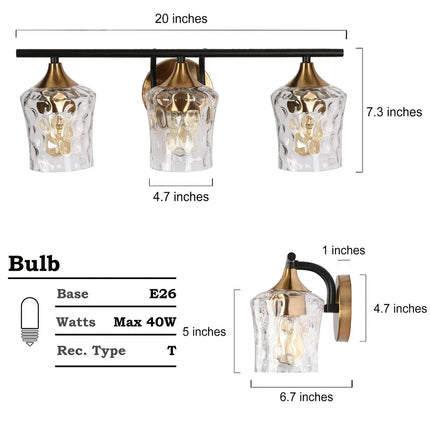 Modern Black Gold Bathroom Vanity Light – Hammered Glass Sconces 1/2/3/4-Light