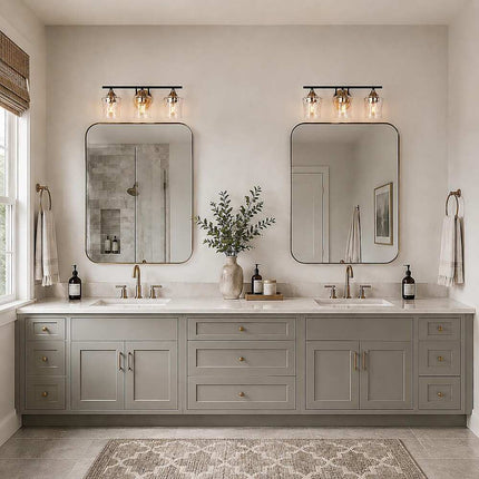 Modern Black Gold 3-Light Bathroom Vanity Wall Sconce with Hammered Glass Shades