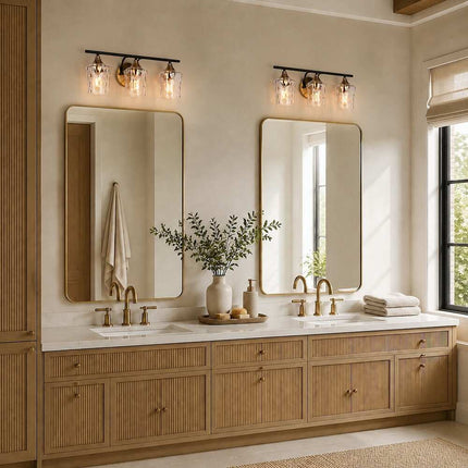 Modern Black Gold 3-Light Bathroom Vanity Wall Sconce with Hammered Glass Shades