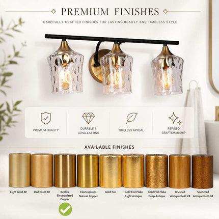 Modern Black Gold 3-Light Bathroom Vanity Wall Sconce with Hammered Glass Shades