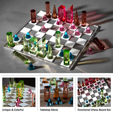 Modern Acrylic Chess Set with 32 Colorful Pieces by Trademark Games