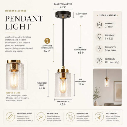 Modern Farmhouse Black Gold 1-Light Dimmable Kitchen Island Pendant Light 4.5" D x 7.5" H