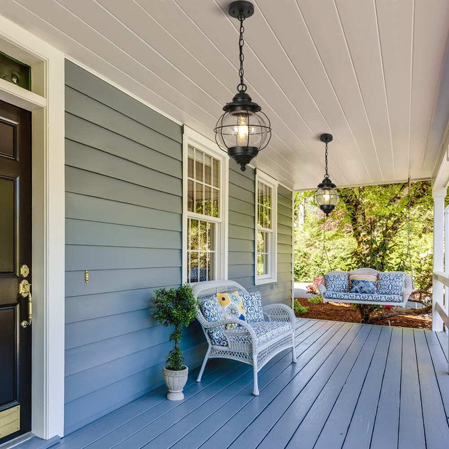 Modern Farmhouse Black Outdoor Pendant Light with Glass Lantern Shade