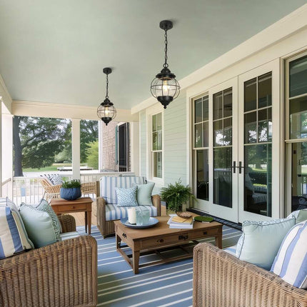 Modern Farmhouse Black Outdoor Pendant Light with Glass Lantern Shade
