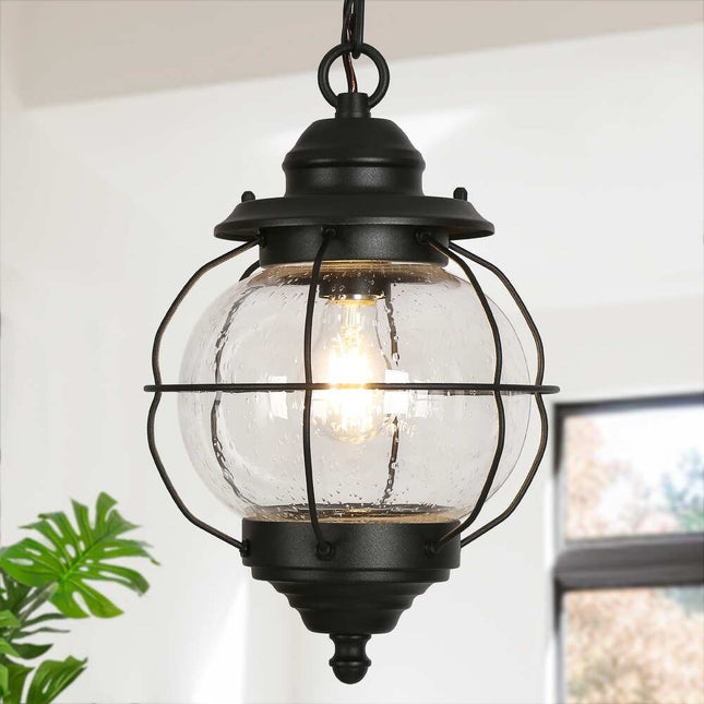 Modern Farmhouse Black Outdoor Pendant Light with Glass Lantern Shade