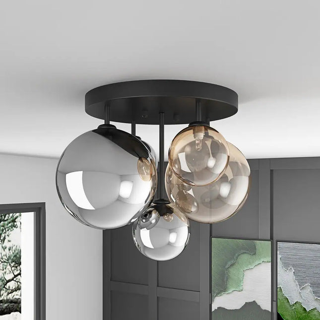 Modern 5-Light Semi Flush Ceiling Light – Grey & Brown, Globe Glass Shades