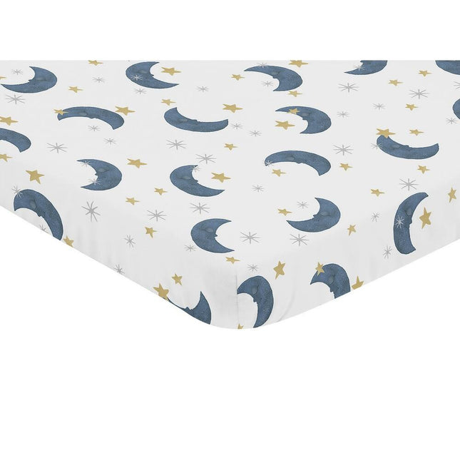 Mini Crib Sheet – Baby Moon & Star Print, Navy Blue & Gold Watercolor