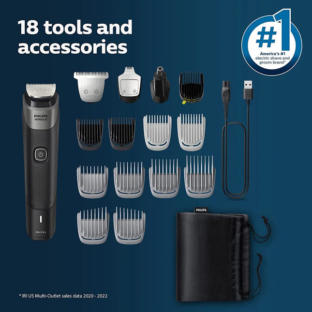 18-Piece Multigroom Series 5000 – Beard, Hair & Body Trimmer, No Blade Oil