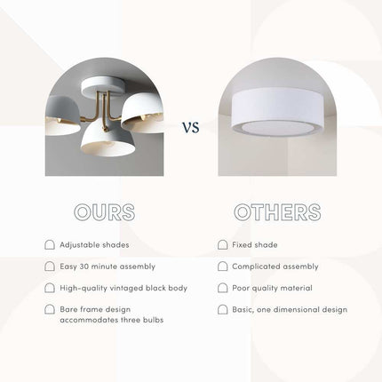 Argo 3-Light Retro Ceiling Fixture – Semi-Flush Mount with Rounded Shade